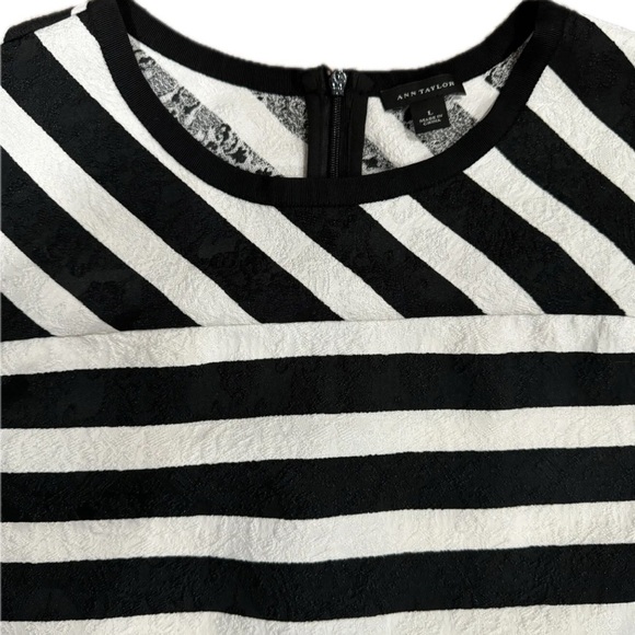 ANN TAYLOR- Black & White Stripe Textured Short Sleeve Blouse- SIZE Large - Picture 2 of 6